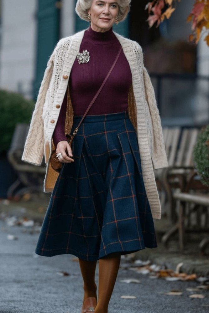 burgundy turtleneck with plaid midi skirt and cream cable cardigan, older woman on fall street - fall outfit idea for women over 70