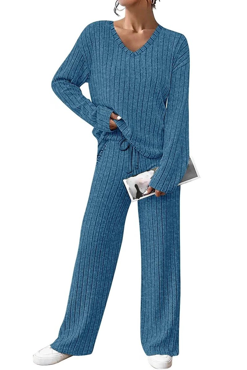 blue knit two-piece set, headless product shot - fall outfit idea for women over 70