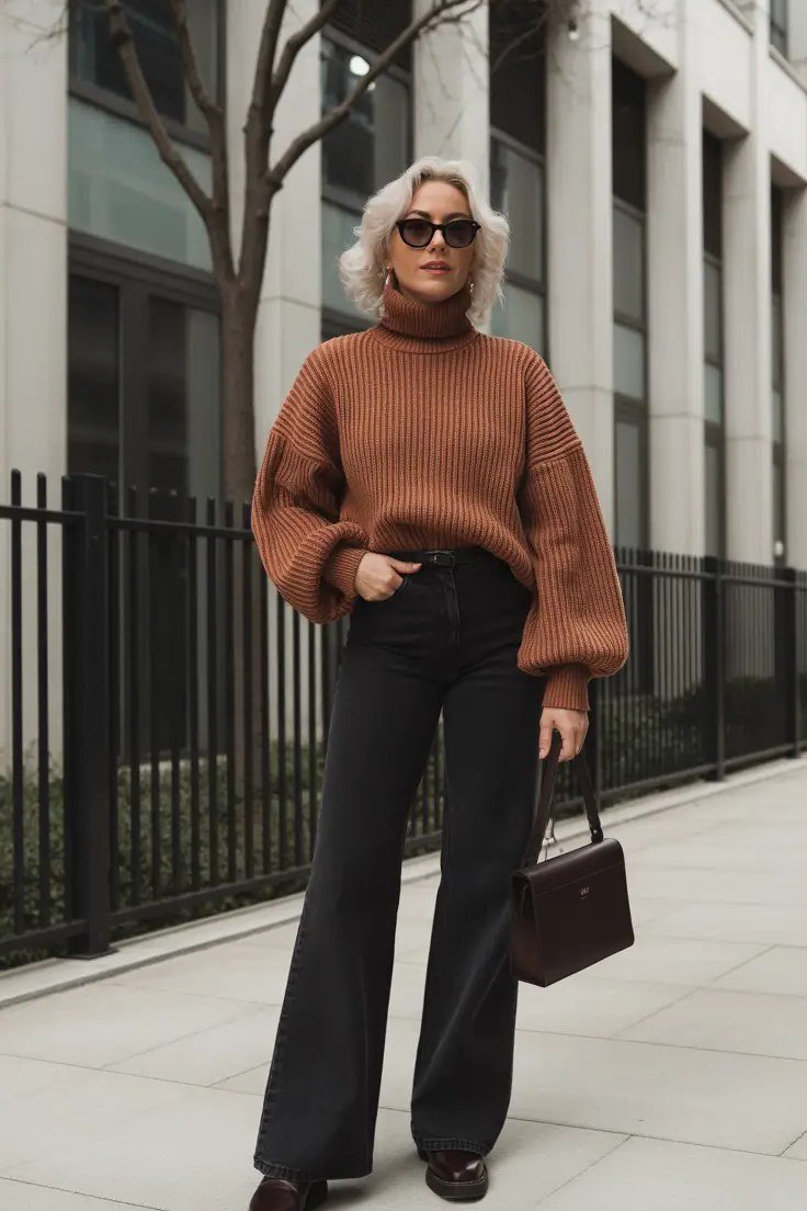 rust turtleneck with black wide-leg trousers and black bag, city street - fall outfit idea for women over 70
