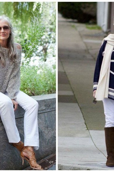 camel sweater with blue jeans, older woman in garden - fall outfit idea for women over 70