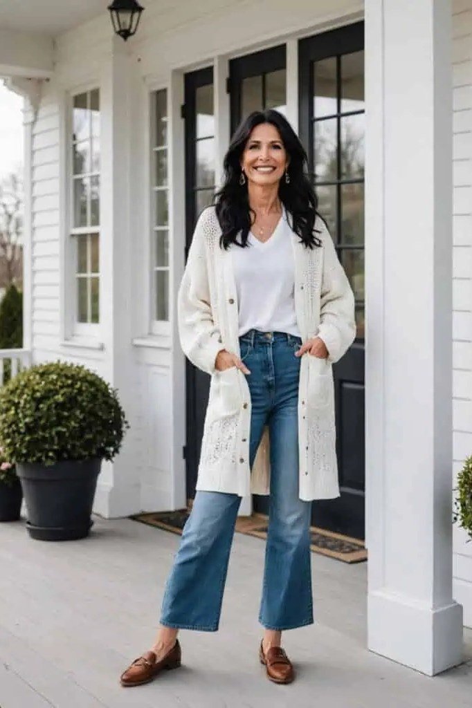 White chunky knit cardigan over white top, blue jeans, brown loafers, full body front view - fall cardigan outfit idea for women over 60
