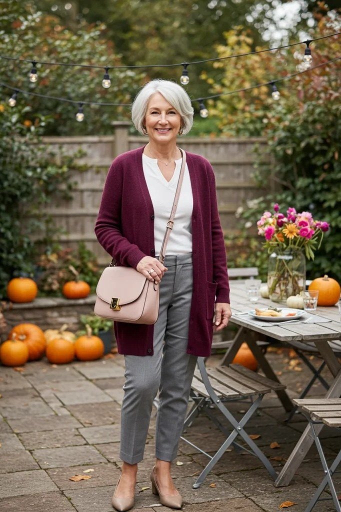 Burgundy cardigan over white top, grey pants, pink handbag, full body front view - fall cardigan outfit idea for women over 60