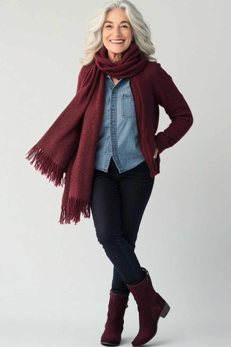 Burgundy cardigan and scarf over denim shirt, black pants, burgundy boots, full body front view - fall cardigan outfit idea for women over 60