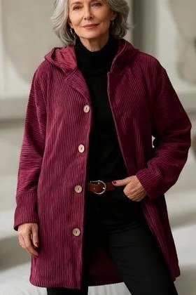 Burgundy corduroy belted cardigan over black turtleneck, 3/4 front view - fall cardigan outfit idea for women over 60