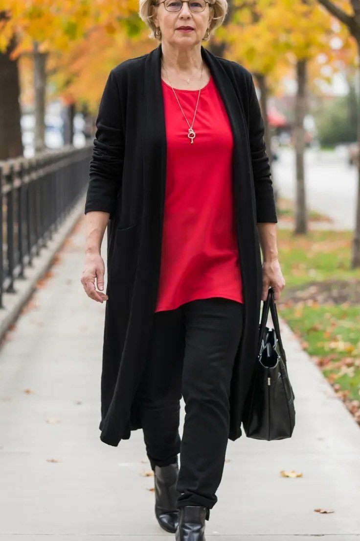 Black long duster cardigan over red top, black pants, full body front view - fall cardigan outfit idea for women over 60