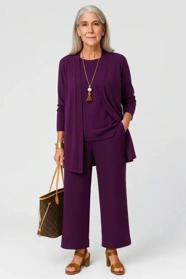 Purple twinset duster and top with purple wide-leg pants, full body front view - fall cardigan outfit idea for women over 60