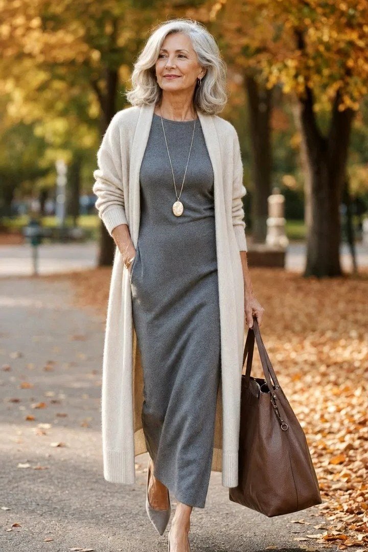 Cream long cardigan over grey dress among fall leaves, tote bag, full body front view - fall cardigan outfit idea for women over 60