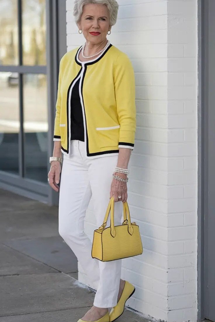 Yellow cardigan over black top, white pants, yellow bag, full body front view - fall cardigan outfit idea for women over 60
