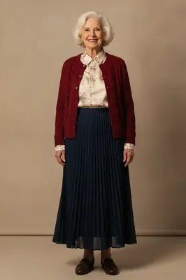 Burgundy cardigan over patterned blouse, pleated navy skirt, studio, full body front view - fall cardigan outfit idea for women over 60