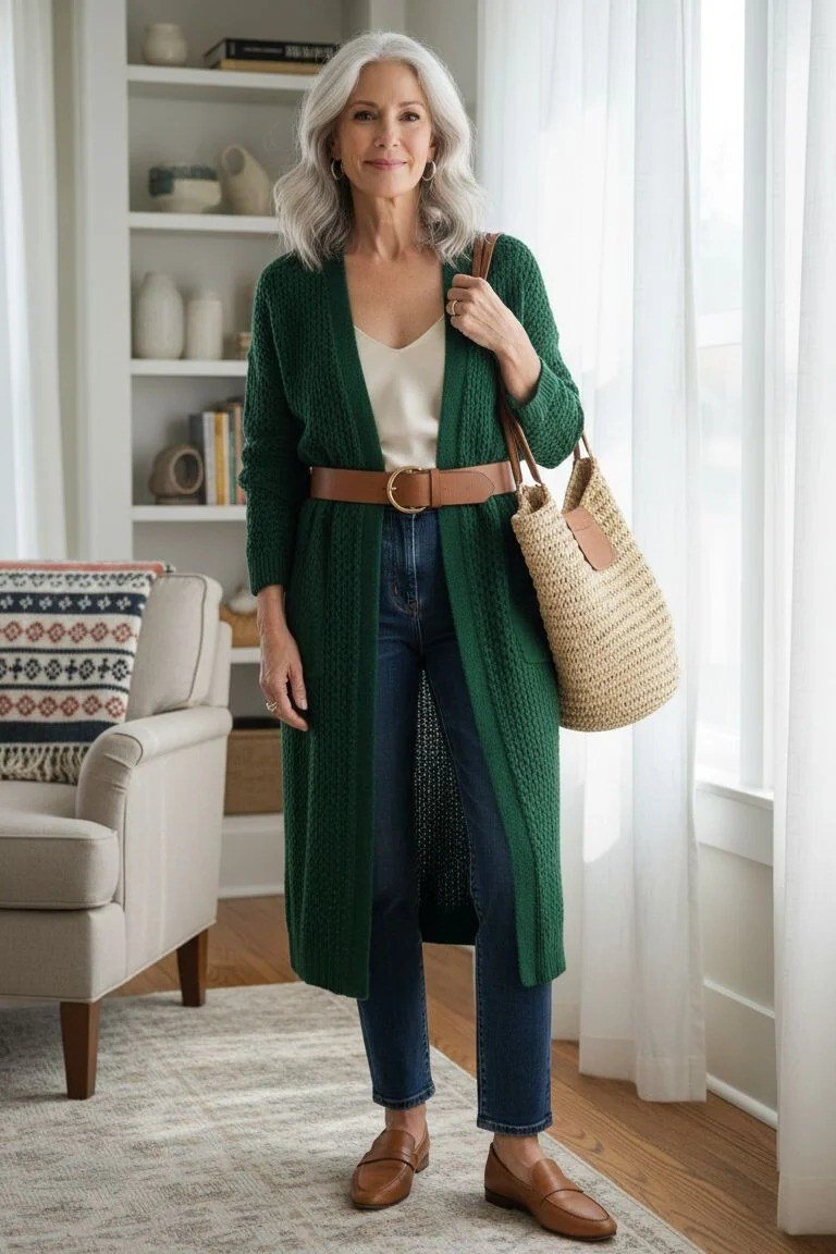 Emerald belted long cardigan over white top, blue jeans, brown belt and loafers, straw tote, full body front view, living room - fall cardigan outfit idea for women over 60