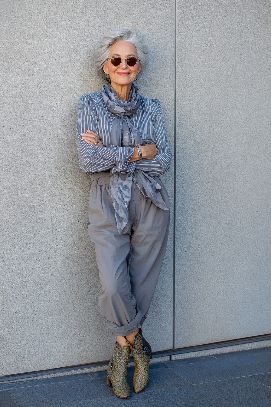 Blue knit cardigan tied at waist, grey tapered pants, sunglasses, full body front view against wall - fall cardigan outfit idea for women over 60