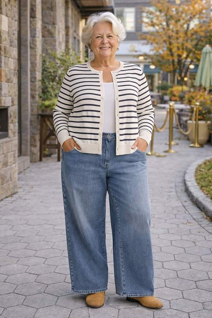 Black-and-white striped cardigan over white top, wide-leg blue jeans, full body front view, stone courtyard - fall cardigan outfit idea for women over 60