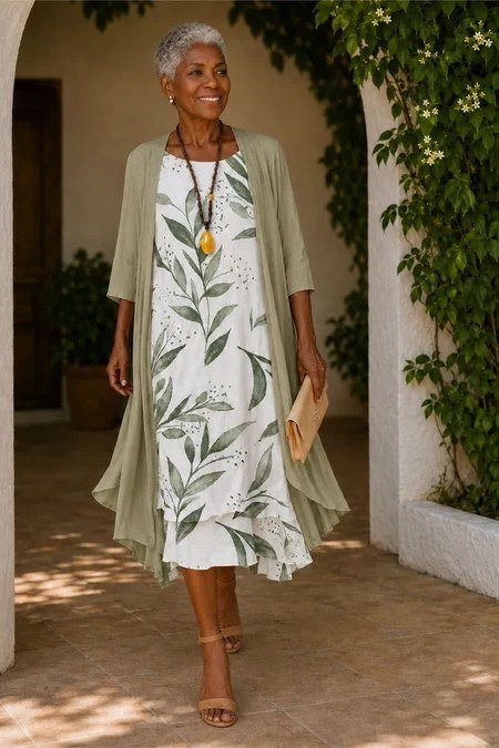 Sage green duster cardigan over leaf-print midi dress, full body front view, archway - fall cardigan outfit idea for women over 60