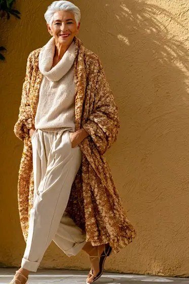 Golden-brown printed duster cardigan over cream turtleneck and pants, full body front view, mustard wall - fall cardigan outfit idea for women over 60