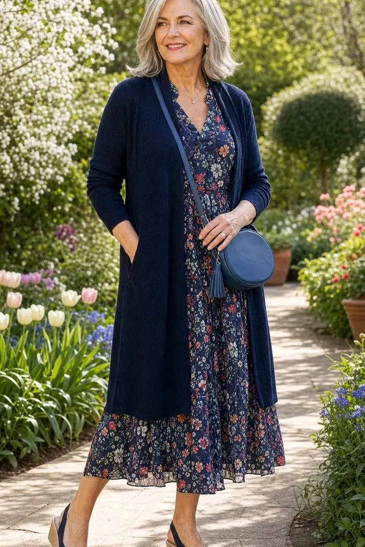 Navy knit cardigan over floral midi dress, full body front view, garden path - fall cardigan outfit idea for women over 60