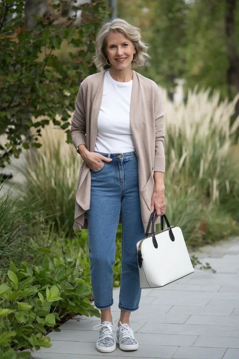 Taupe knit cardigan over white tee, blue jeans, white sneakers and tote, full body front view, sidewalk - fall cardigan outfit idea for women over 60