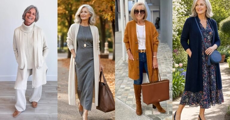 Collage of four fall cardigan outfits for women over 60: cream duster, mustard knit, cream long cardigan, navy cardigan over floral dress