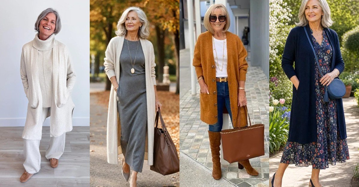 Collage of four fall cardigan outfits for women over 60: cream duster, mustard knit, cream long cardigan, navy cardigan over floral dress