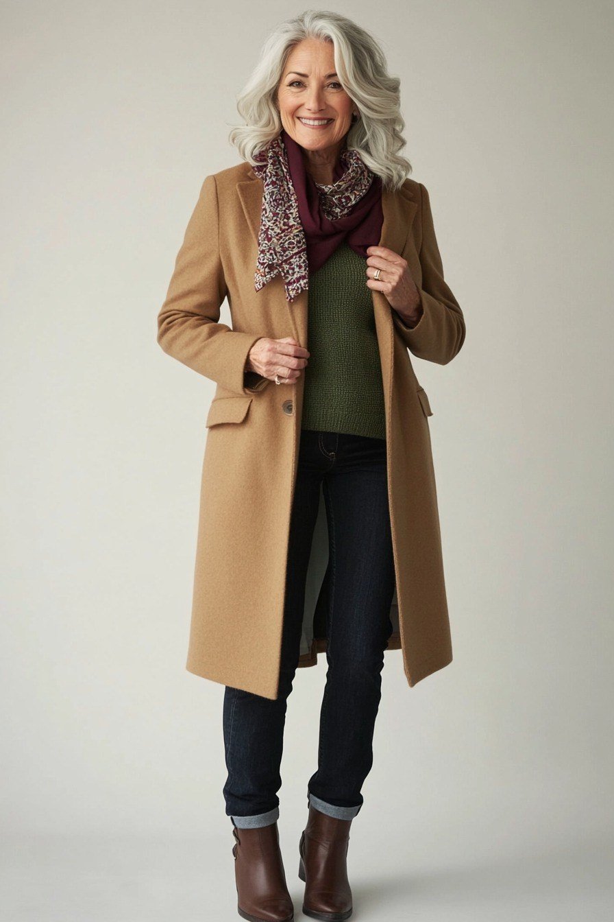 Woman in her 60s wearing a camel coat with a burgundy scarf and dark trousers