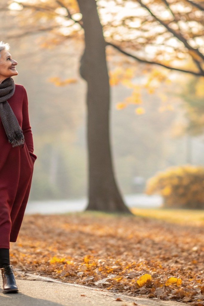 Older woman in a burgundy midi wool coat among autumn trees