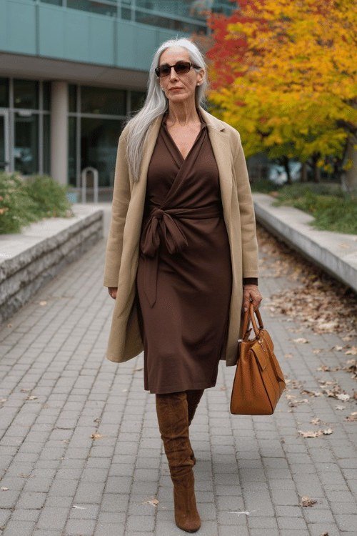 Camel coat layered over a camel wrap dress with tall brown boots for fall