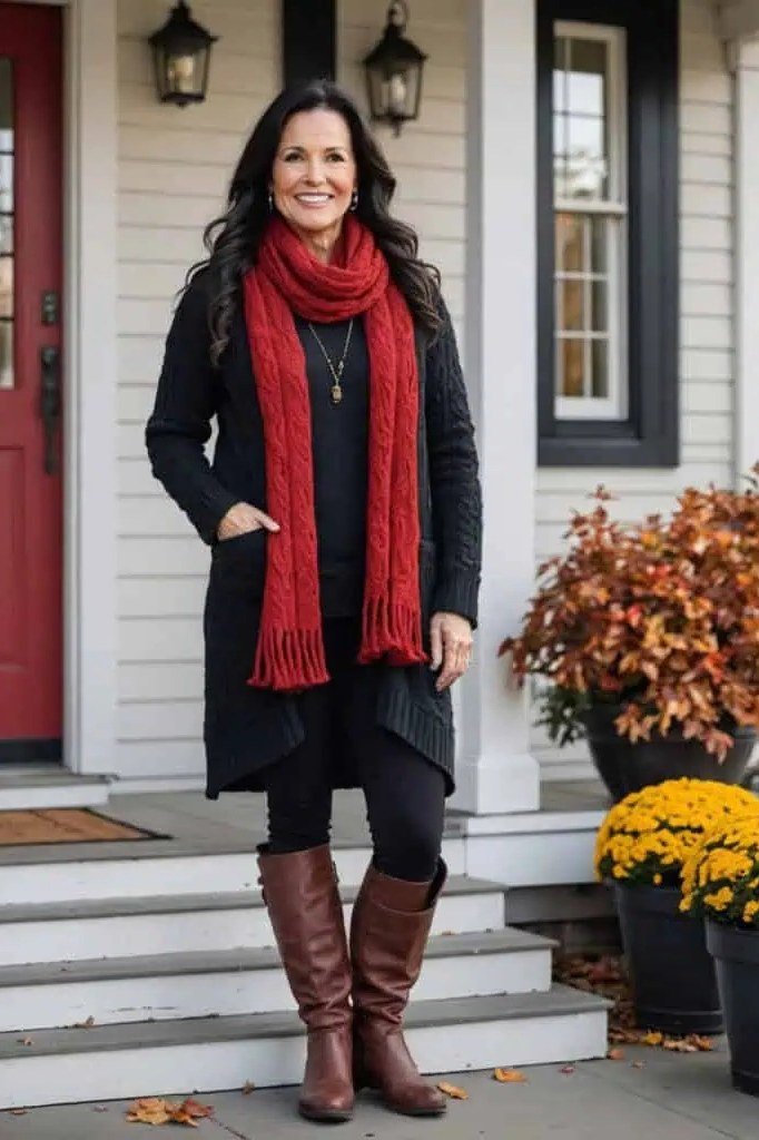 Woman over 60 in a black coat with a red scarf and tall brown boots