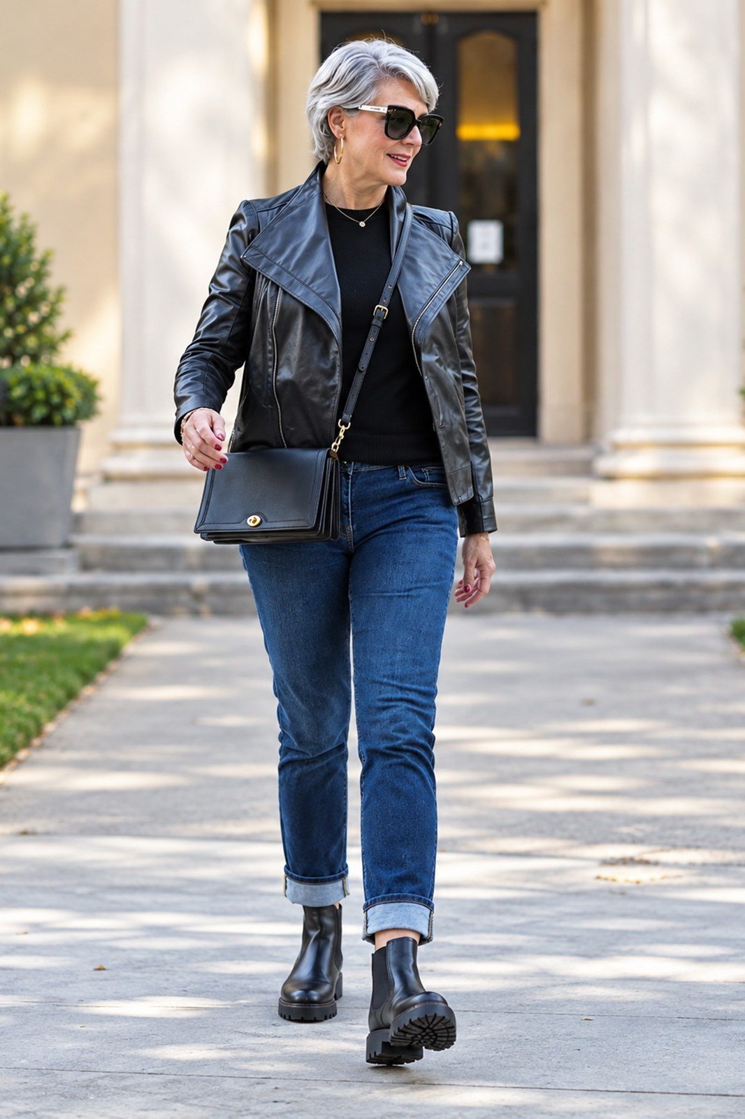 Woman over 60 wearing a gray moto jacket with jeans and black boots