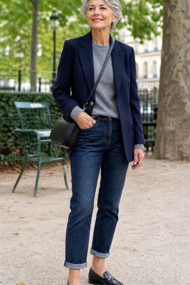 Woman wearing a navy blazer with jeans for fall