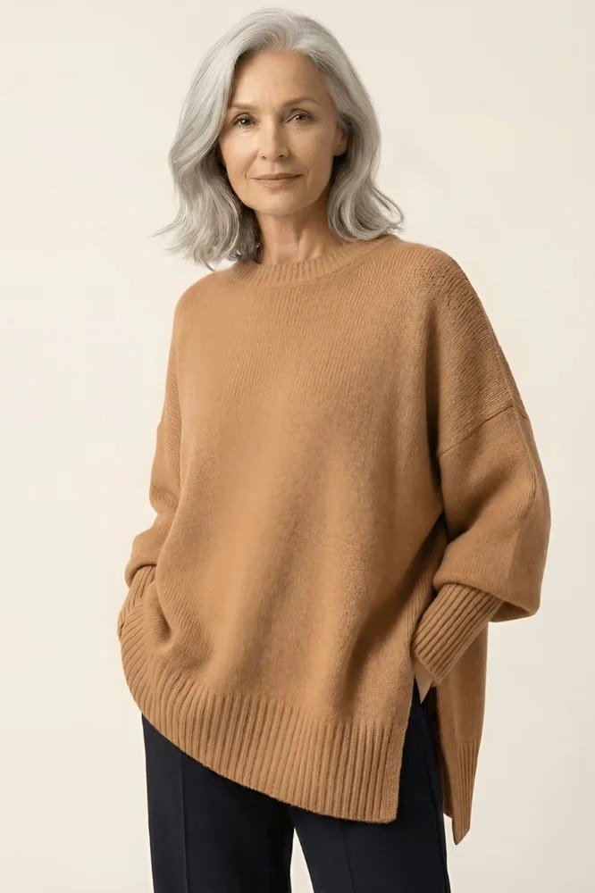 Older woman in a camel oversized sweater