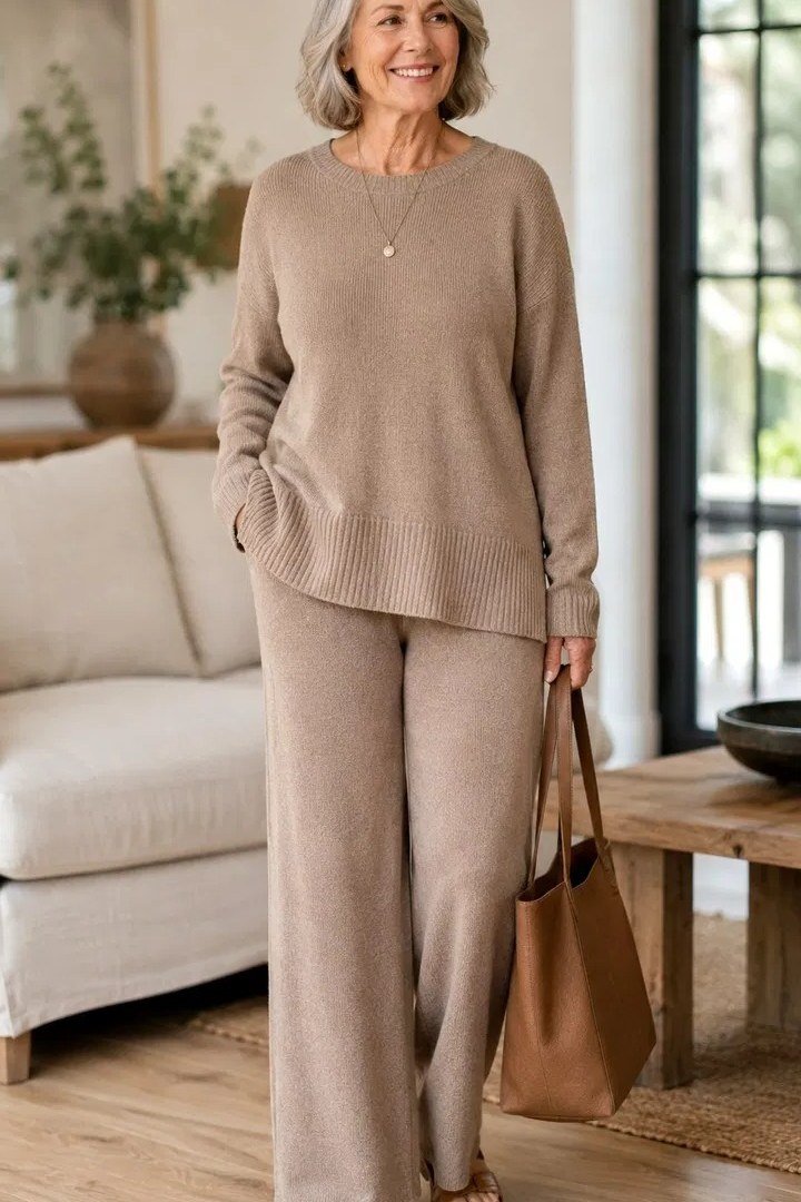 Older woman in a beige ribbed knit set