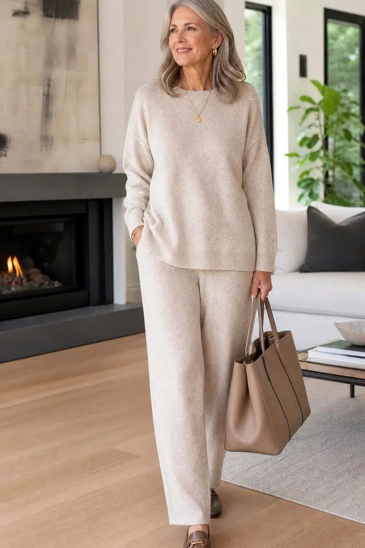 Woman wearing a cream knit set