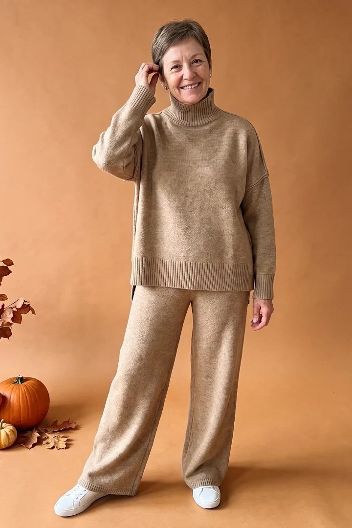 Older woman wearing a beige turtleneck knit set