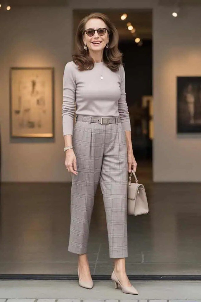 Woman wearing a gray top with gray trousers