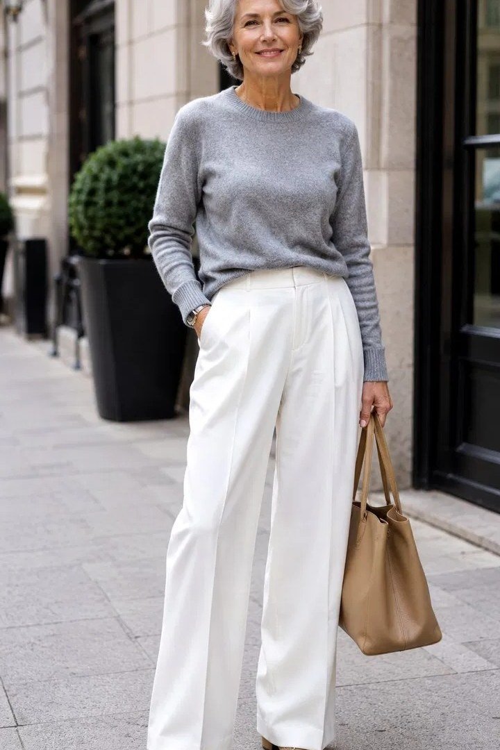 Older woman wearing a gray sweater with white wide trousers