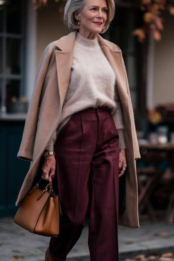 Woman in a cream sweater with burgundy trousers and a camel coat