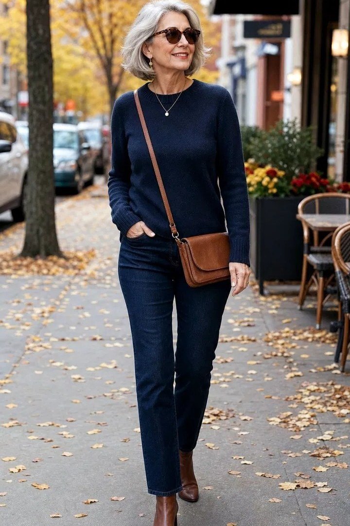 Woman wearing a navy sweater with jeans and a crossbody bag