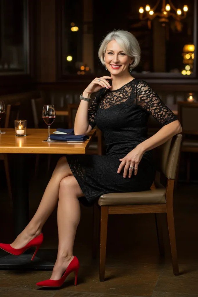 Fall dinner outfit for women over 50: black lace short dress with red heels, seated at restaurant table