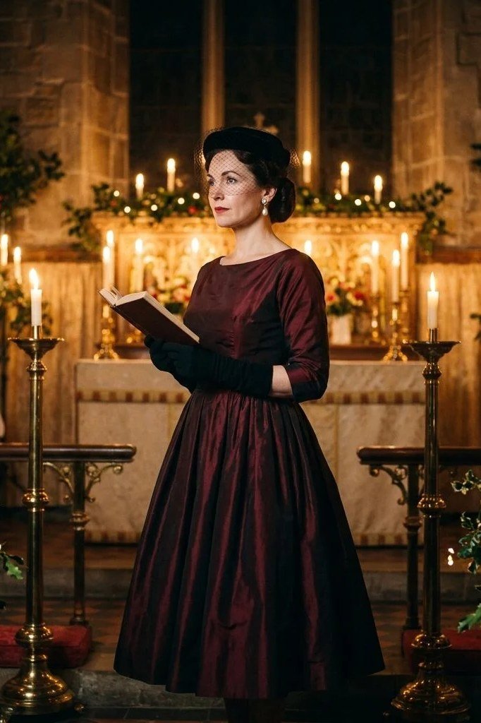 Fall dinner outfit for women over 50: burgundy velvet full-skirted gown, candlelit altar