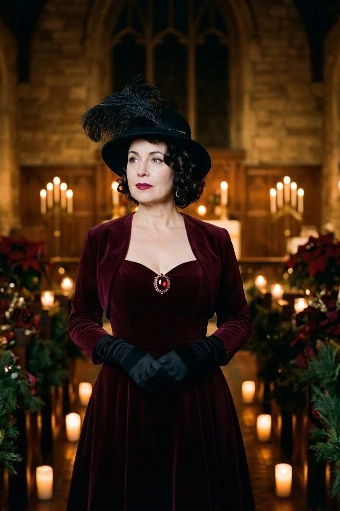 Fall dinner outfit for women over 50: burgundy velvet dress with black hat, candlelit church