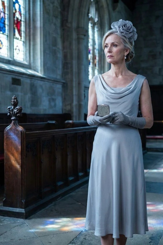 Fall dinner outfit for women over 50: silver-grey cowl-neck gown, church interior