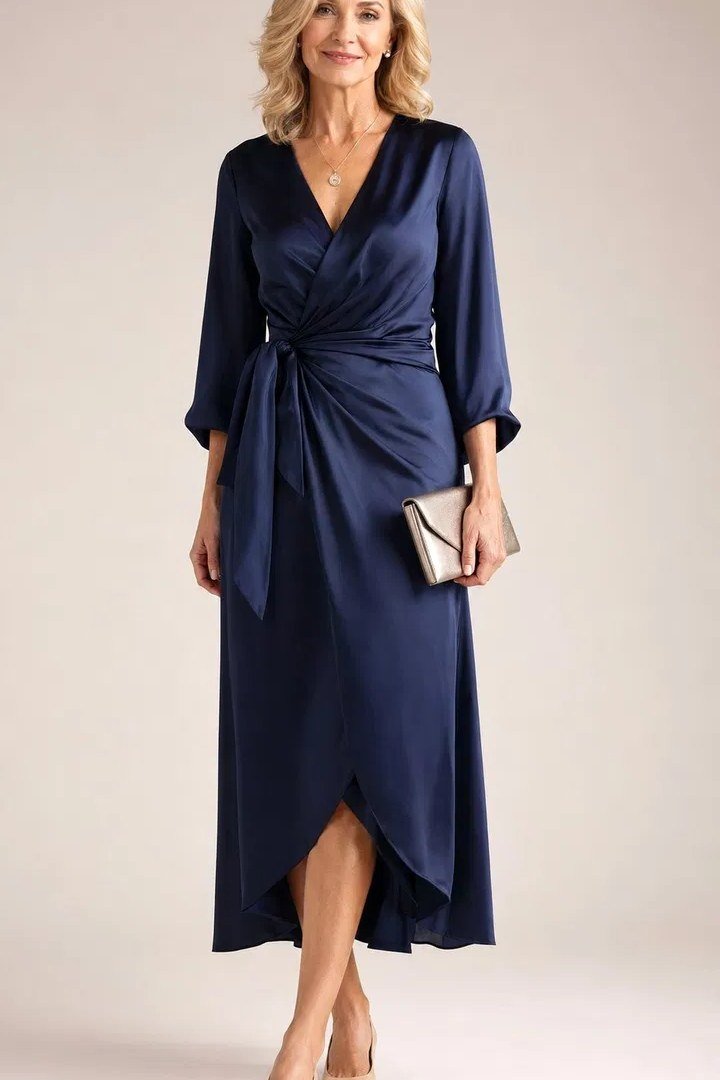Fall dinner outfit for women over 50: navy wrap midi dress, cream clutch