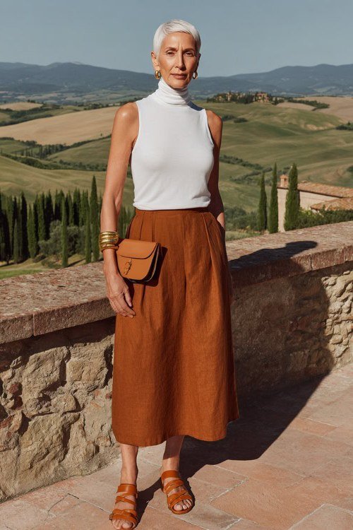 Fall dinner outfit for women over 50: white halter top with rust satin midi skirt
