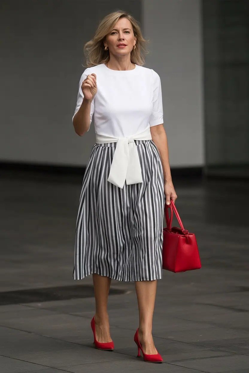 Fall dinner outfit for women over 50: white tee with black-and-white striped midi skirt, red heels and red bag