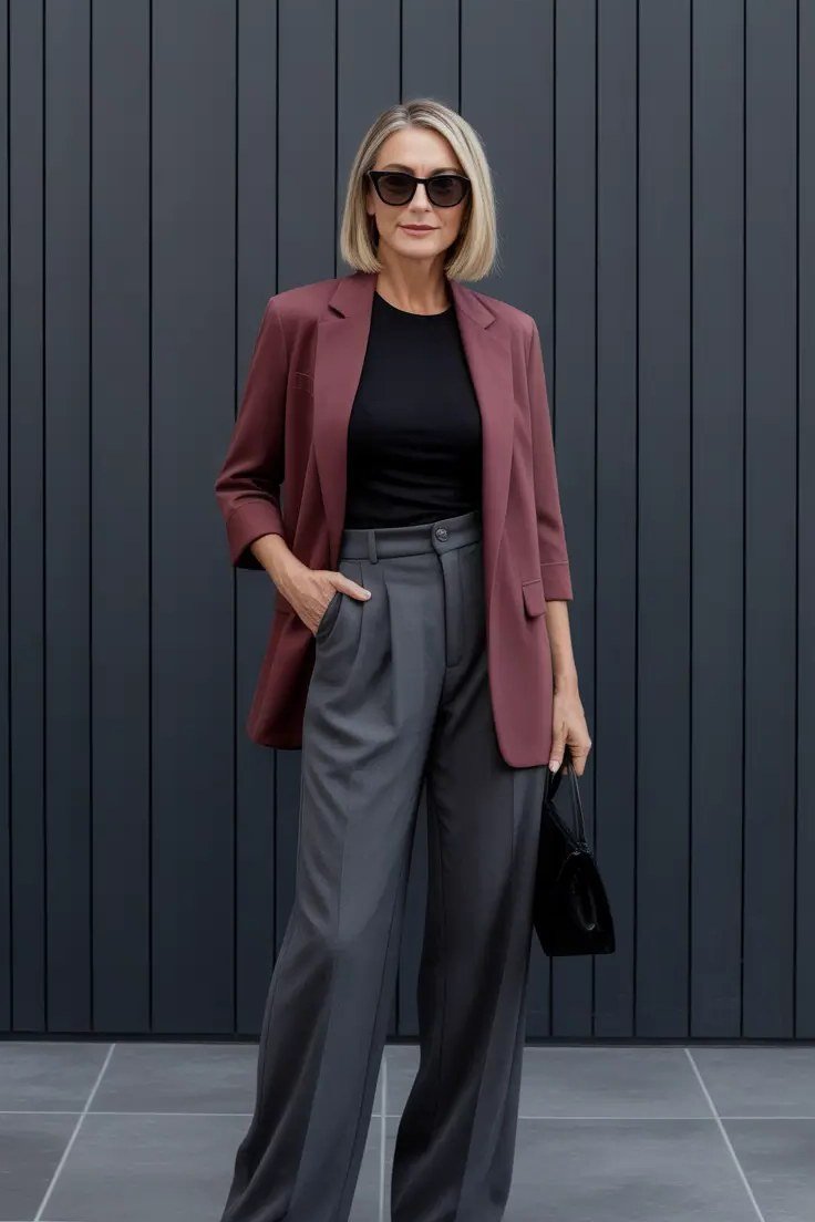 Fall dinner outfit for women over 50: burgundy blazer with black top and grey wide-leg trousers