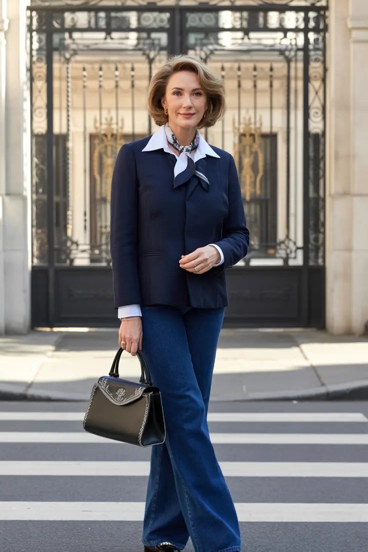 Fall dinner outfit for women over 50: navy blazer with navy flared trousers and scarf