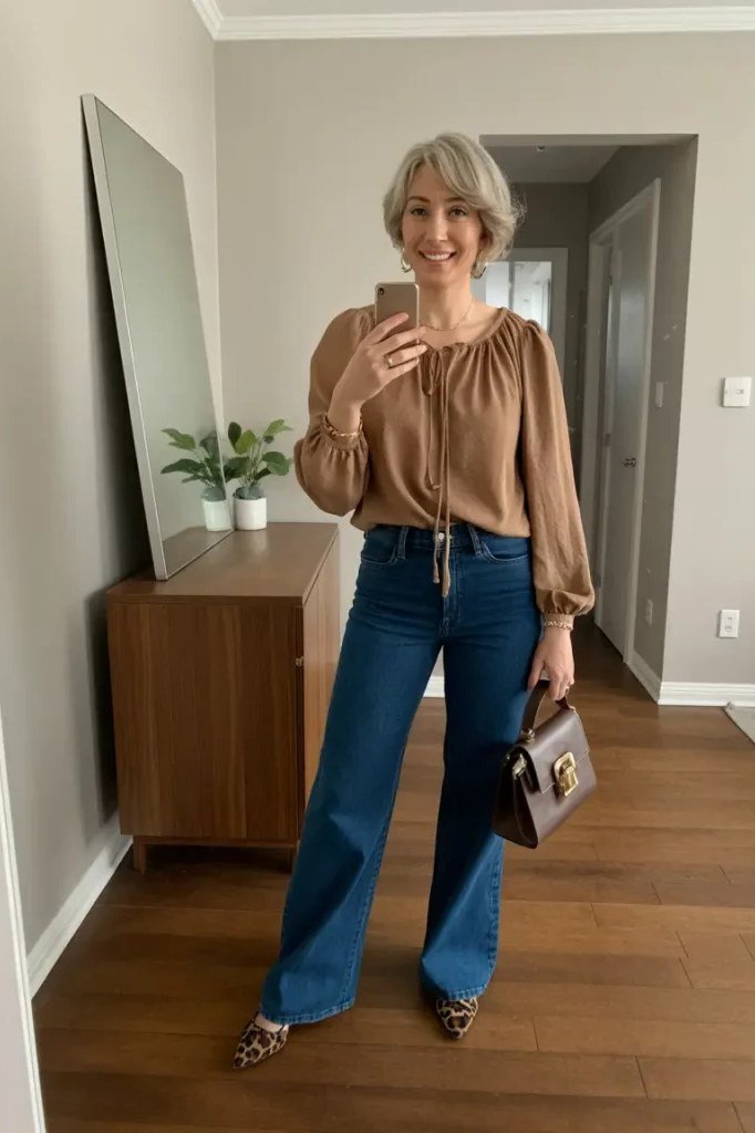 Fall dinner outfit for women over 50: bronze satin blouse with wide-leg jeans, heels