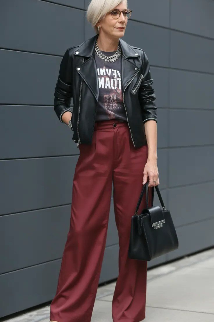 Fall dinner outfit for women over 50: black leather moto jacket with burgundy satin wide-leg trousers