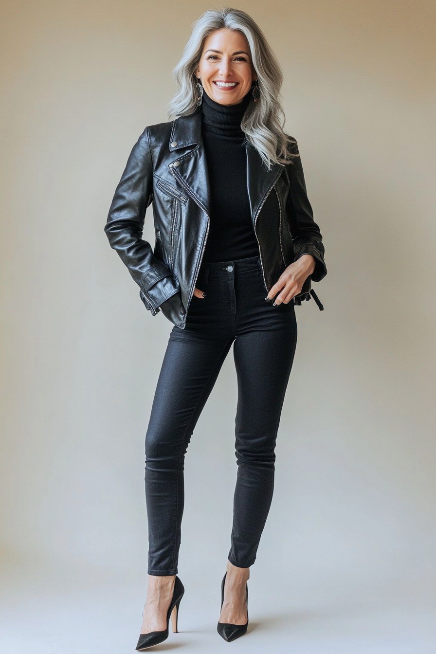 Fall dinner outfit for women over 50: black leather moto jacket with black turtleneck and coated black jeans, pumps
