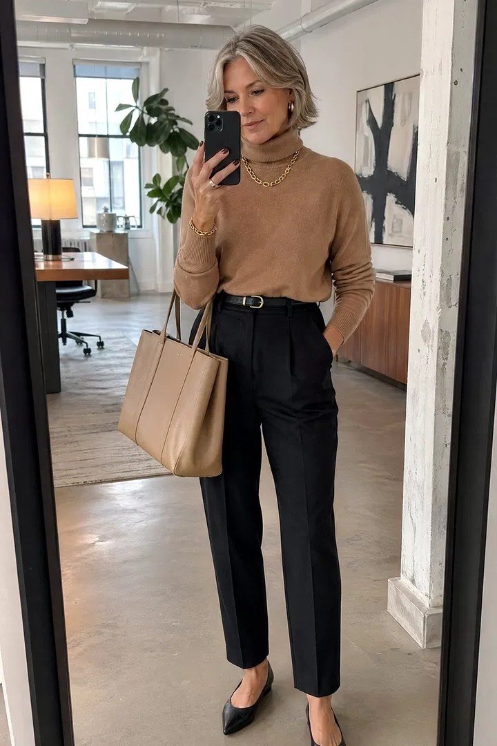 Fall dinner outfit for women over 50: tan turtleneck with black wide-leg trousers, mirror selfie