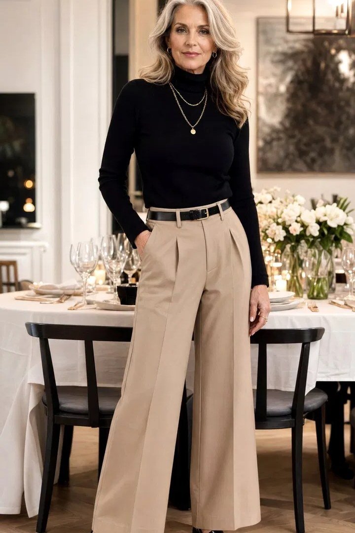 Fall dinner outfit for women over 50: black turtleneck with camel wide-leg trousers, dinner table